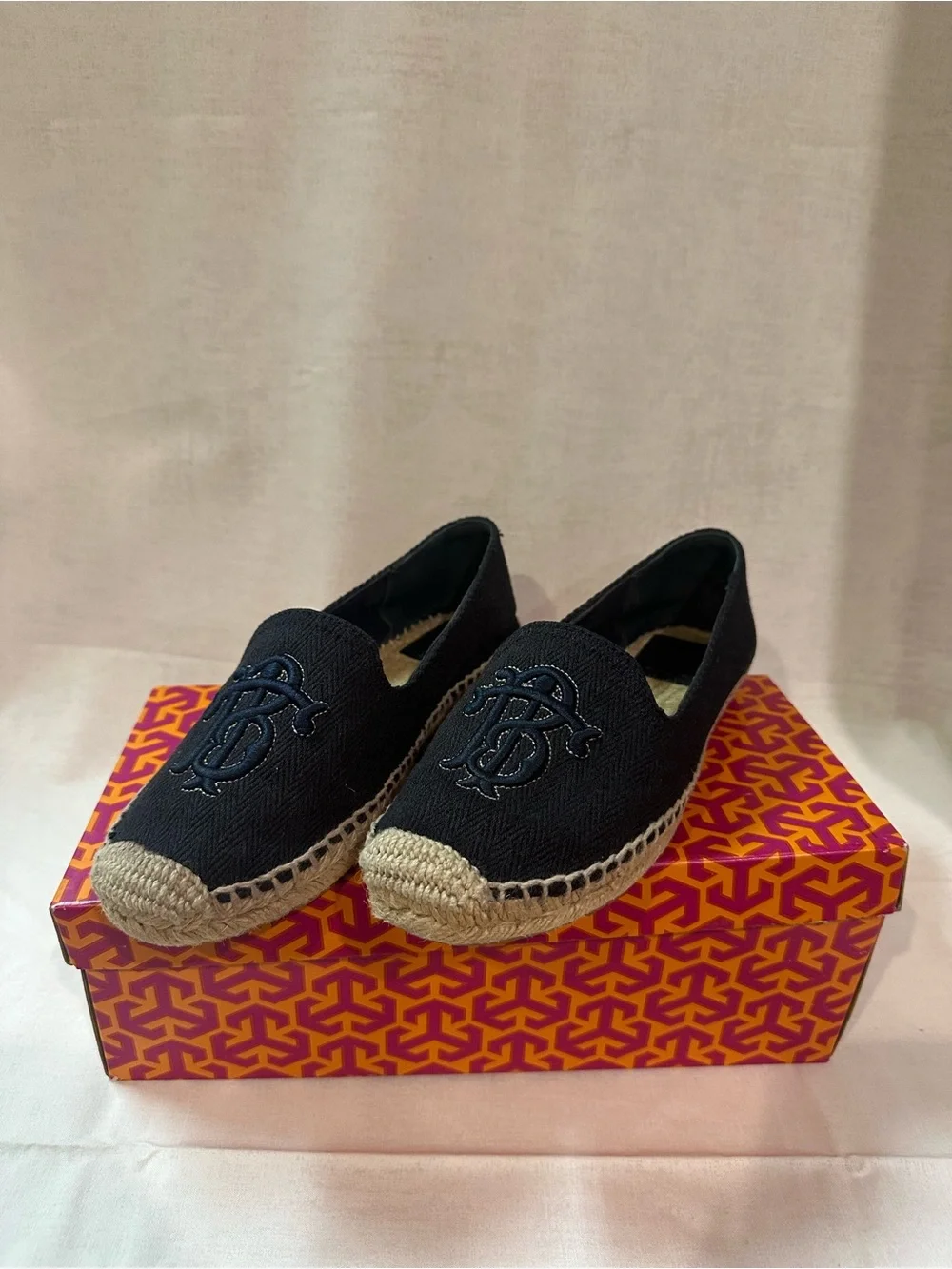 Tory Burch Dawson Espadrille Herring Embroidered Logo Navy Size 7